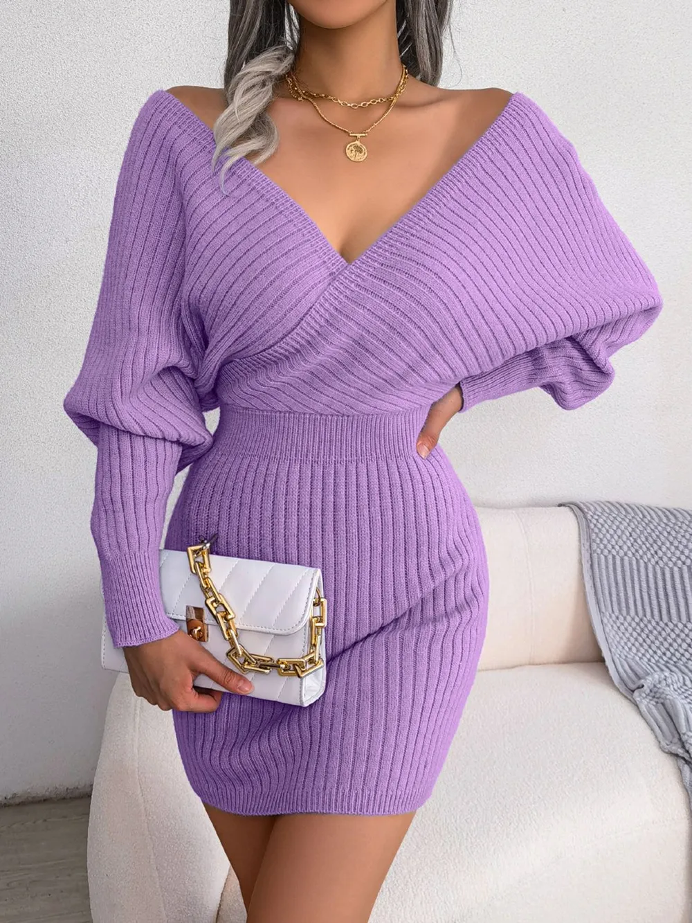 Rib-Knit Dolman Sleeve Sweater Dress, image 7