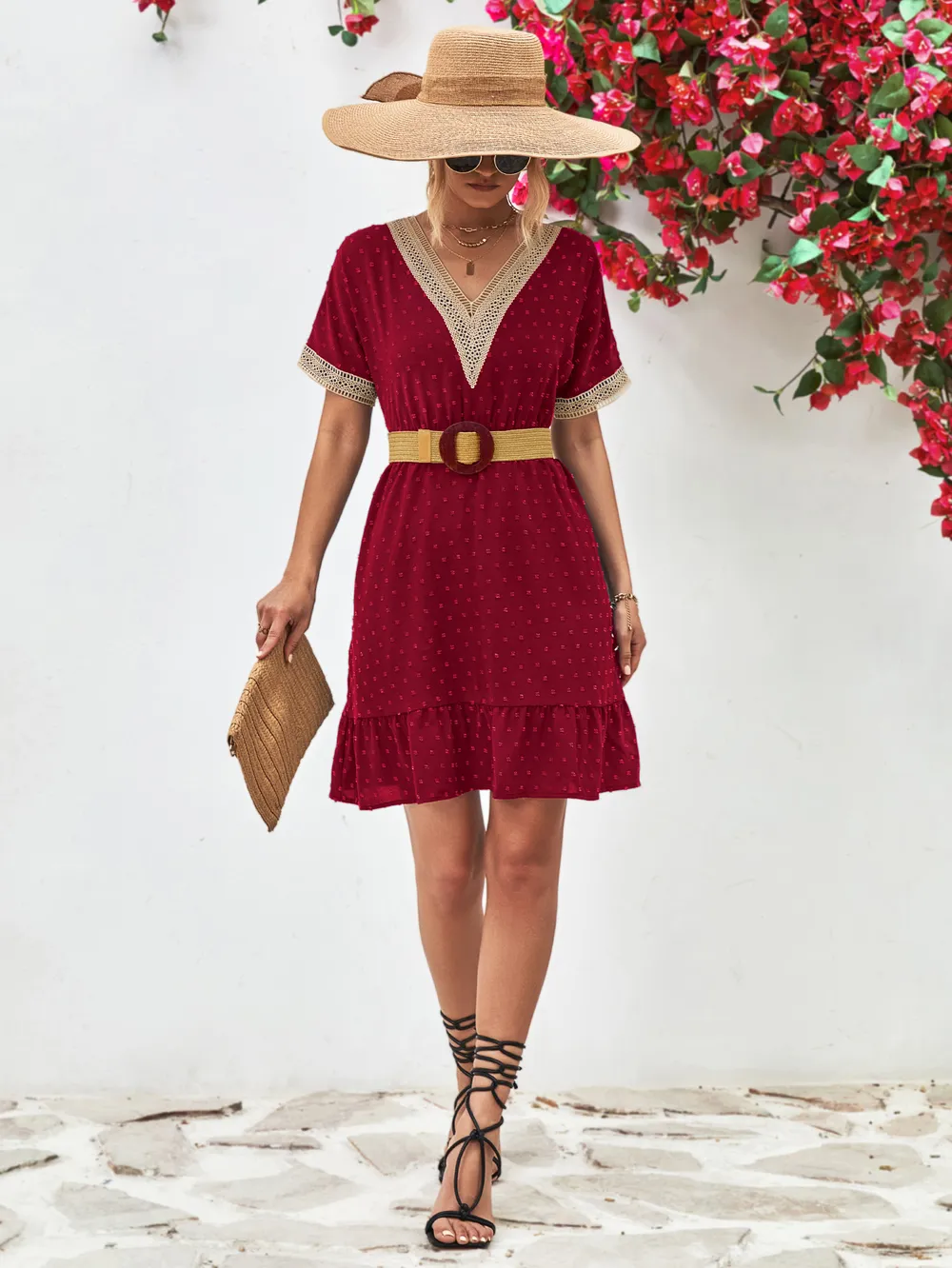 Contrast V-Neck Short Sleeve Mini Dress, image 12