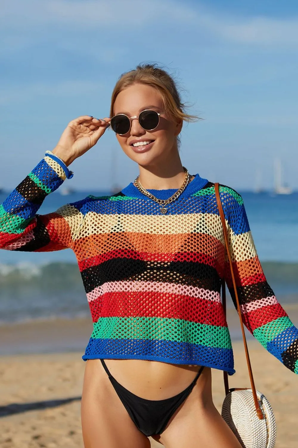 Rainbow Stripe Openwork Long Sleeve Cover-Up, image 8
