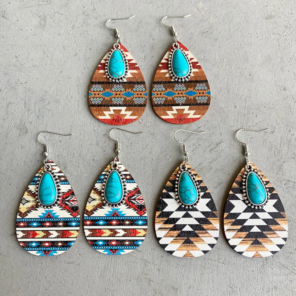 Turquoise Teardrop Shape Wooden Dangle Earrings, image 3