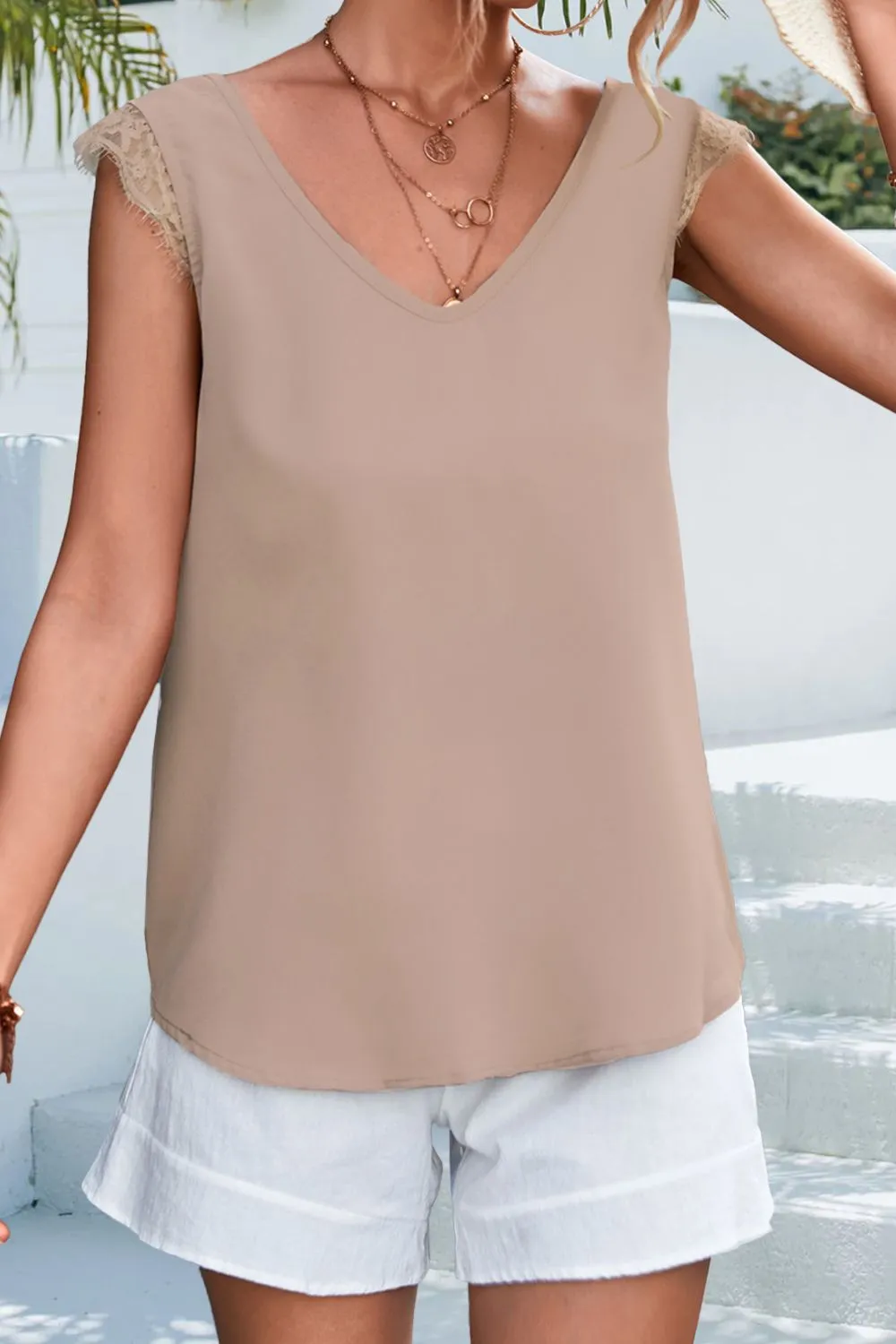 Lace Detail Eyelash Trim V-Neck Tank, image 10
