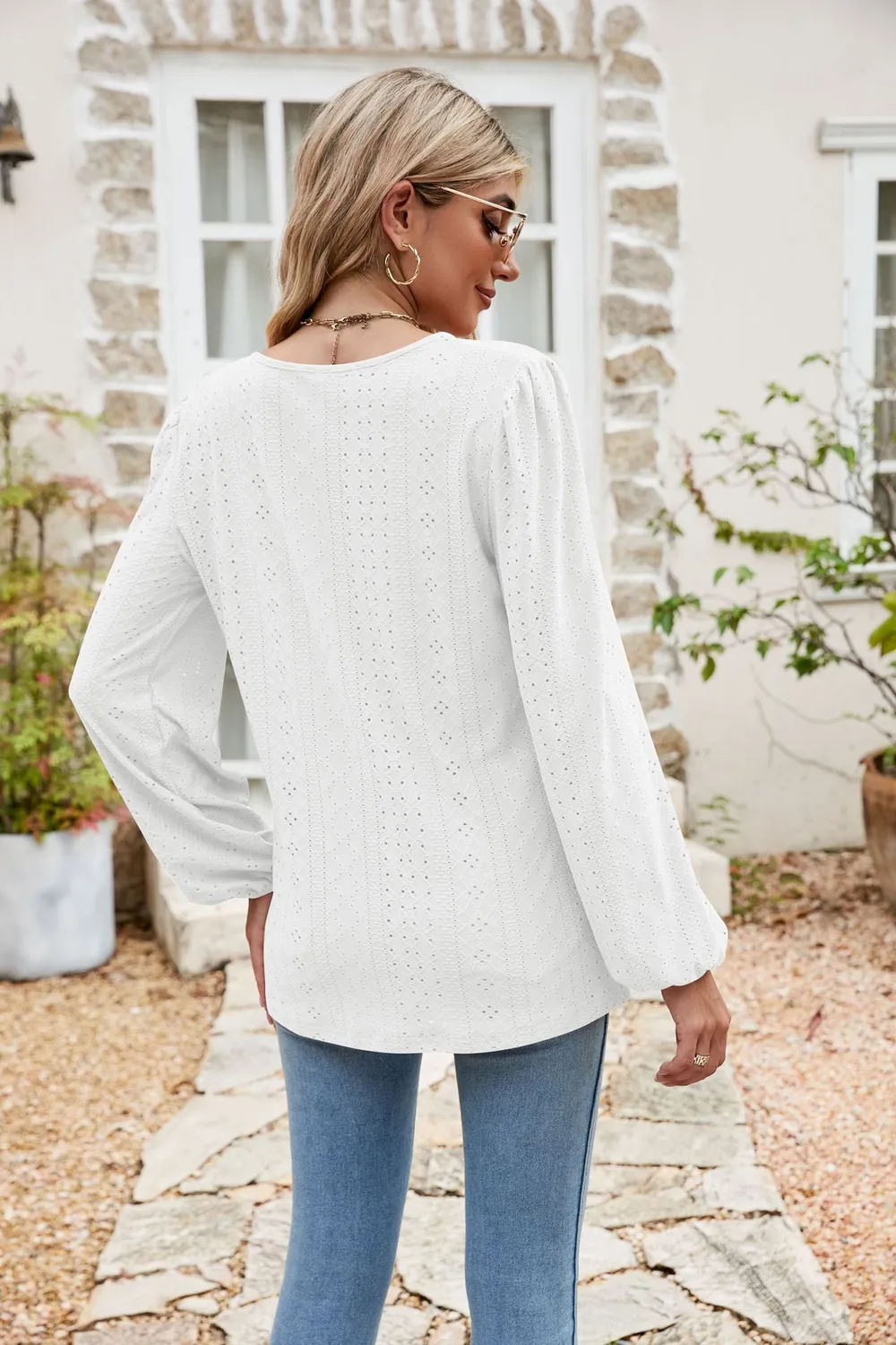 Eyelet Notched Neck Balloon Sleeve Blouse, image 21