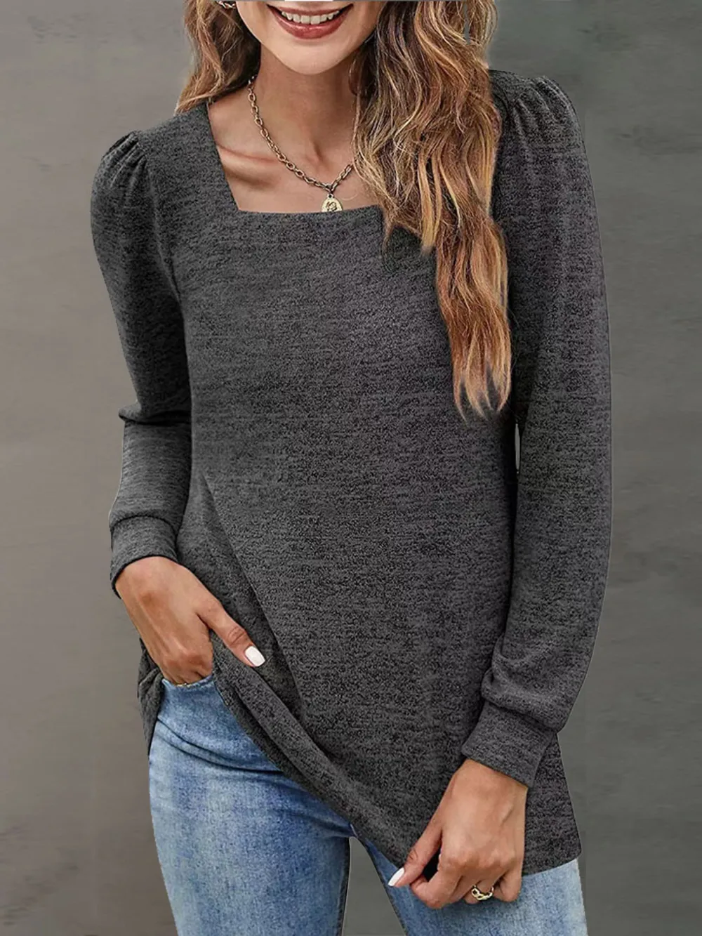 Heathered Square Neck Long Sleeve T-Shirt, image 19