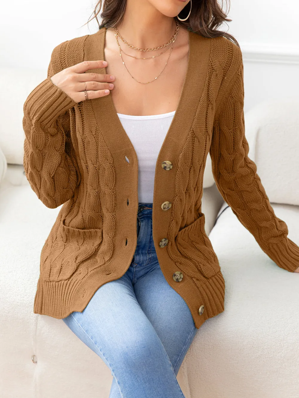 Button Down Cable-Knit Cardigan, image 2