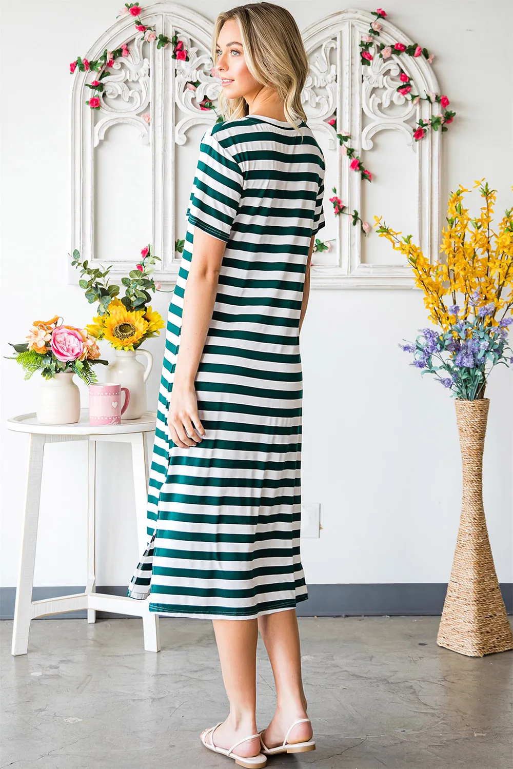 Striped V-Neck Short Sleeve Side Slit Dress, image 12