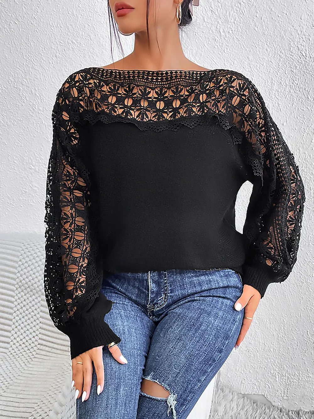 Lace Trim Boat Neck Knit Top, image 4