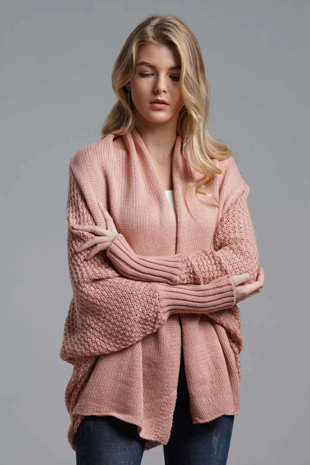 Dolman Sleeve Open Front Ribbed Trim Longline Cardigan, image 15