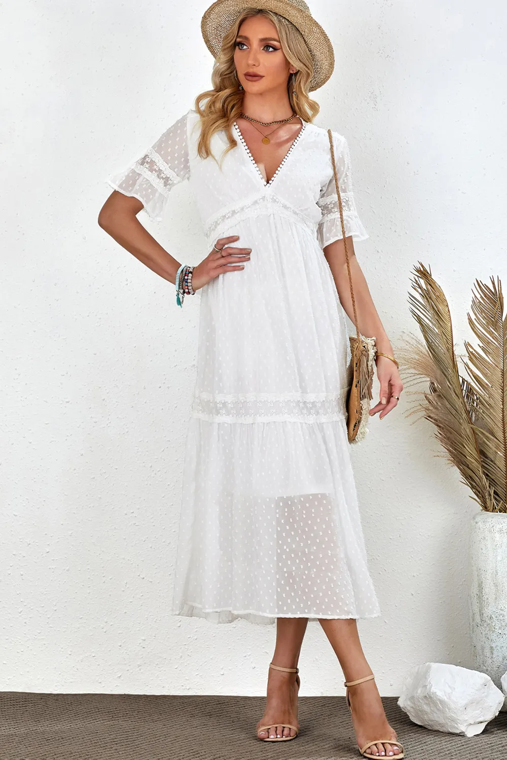 Swiss Dot V-Neck Short Sleeve Midi Dress, image 4