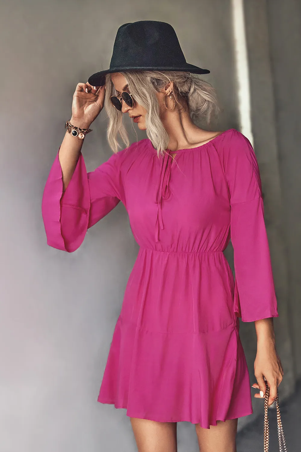 Tie Neck Flare Sleeve Mini Dress, image 12