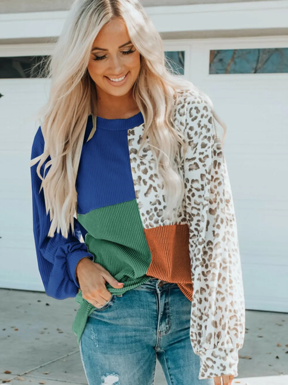 Color Block Leopard Round Neck Sweatshirt, image 13