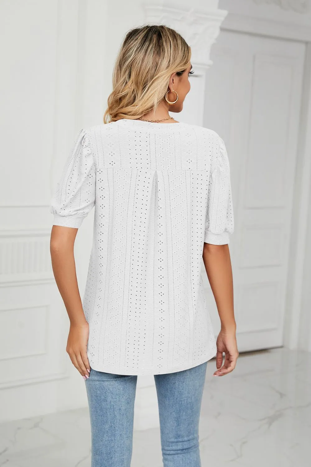 Eyelet Short Puff Sleeve Notched Neck Top, image 8