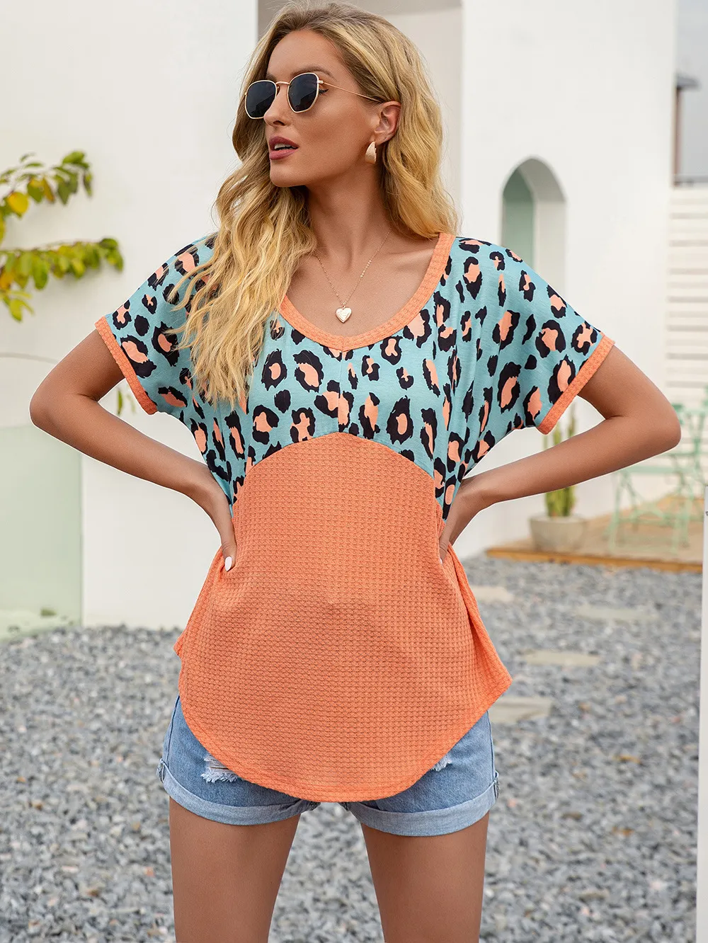 Leopard Waffle-Knit Short Sleeve Top, image 5