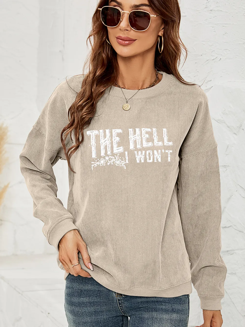 Round Neck Dropped Shoulder THE HELL I WON'T Graphic Sweatshirt, image 2