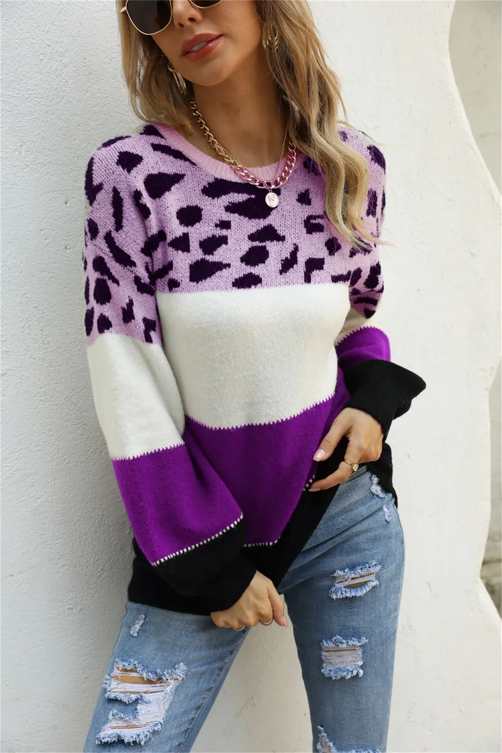 Color Block Round Neck Lantern Sleeve Sweater, image 7