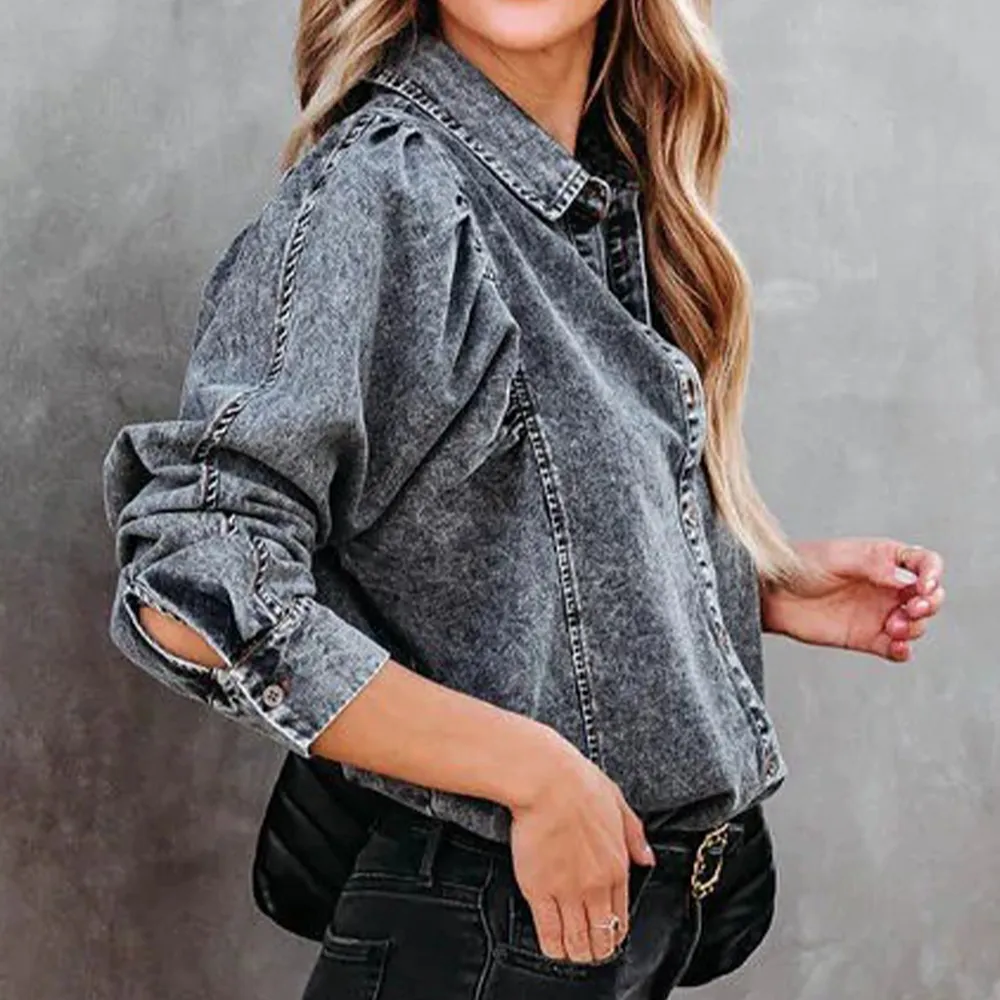 Collared Neck Buttoned Denim Shirt, image 6
