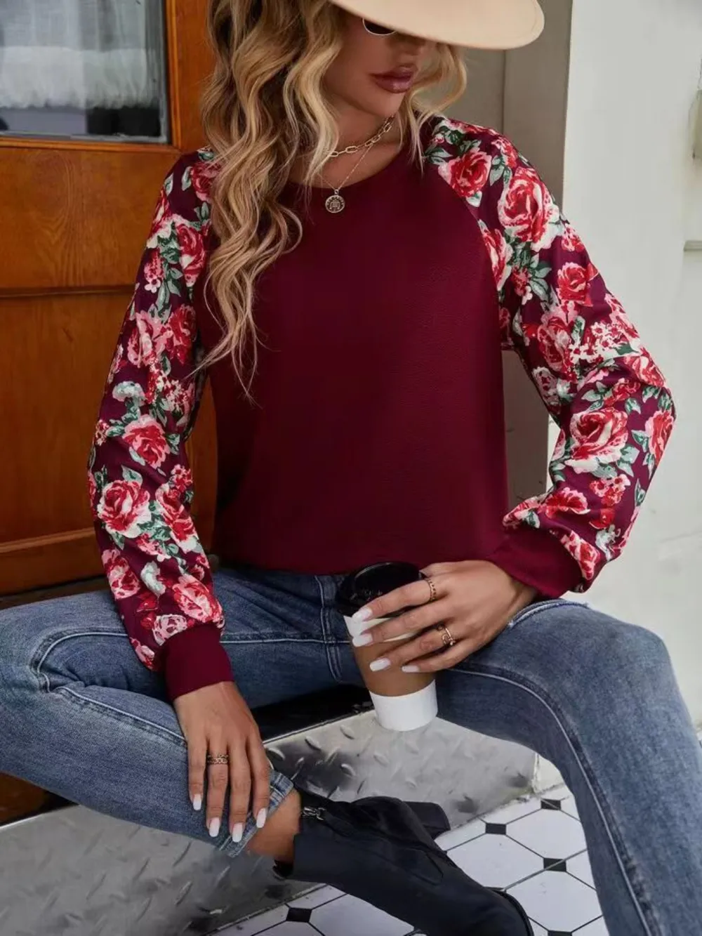 Floral Raglan Sleeve Round Neck Sweatshirt, image 8