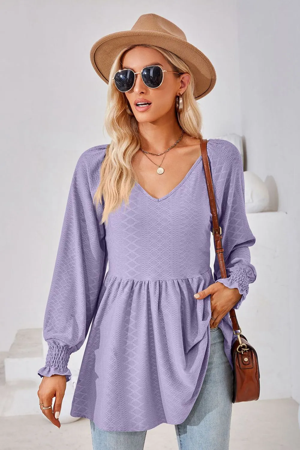 V-Neck Lantern Sleeve Blouse, image 2