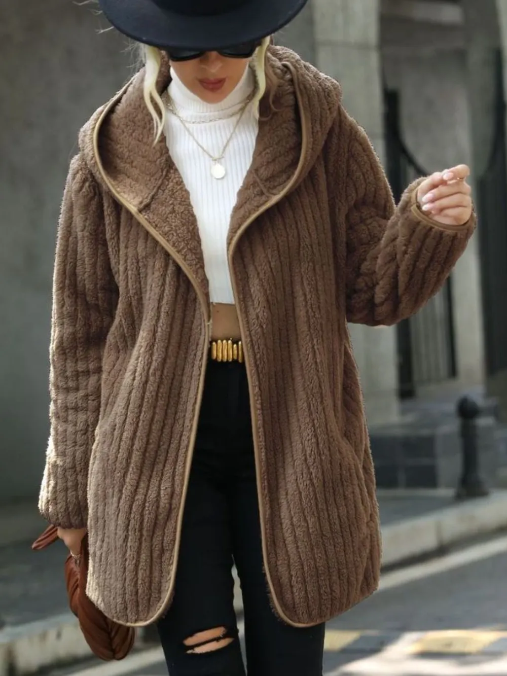 Open Front Ribbed Hooded Coat, image 10