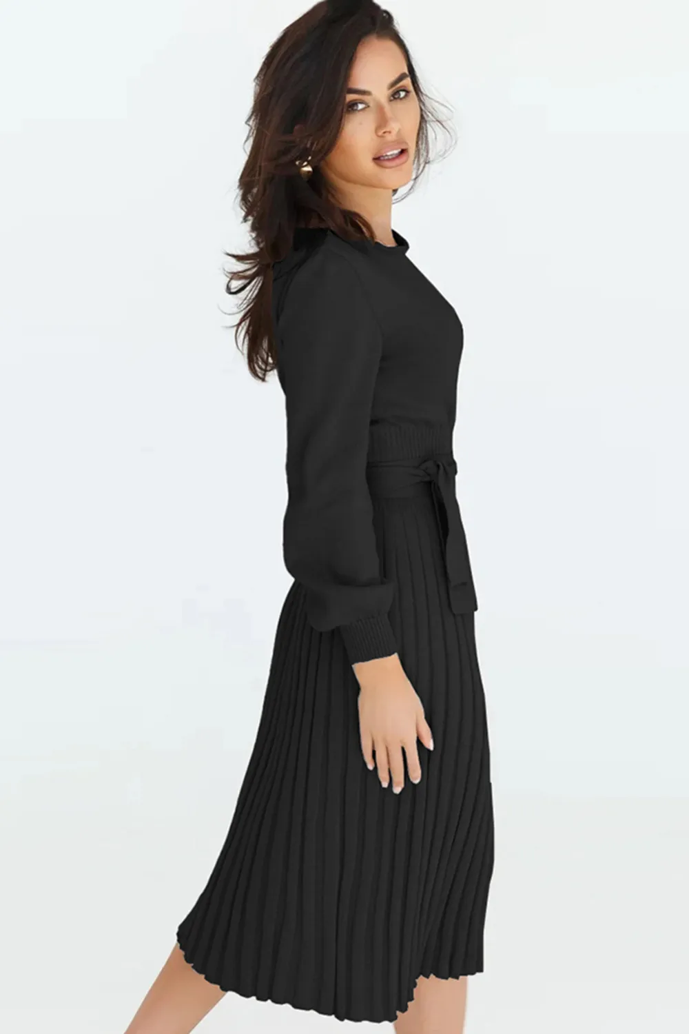 Round Neck Long Sleeve Pleated Sweater Dress, image 6