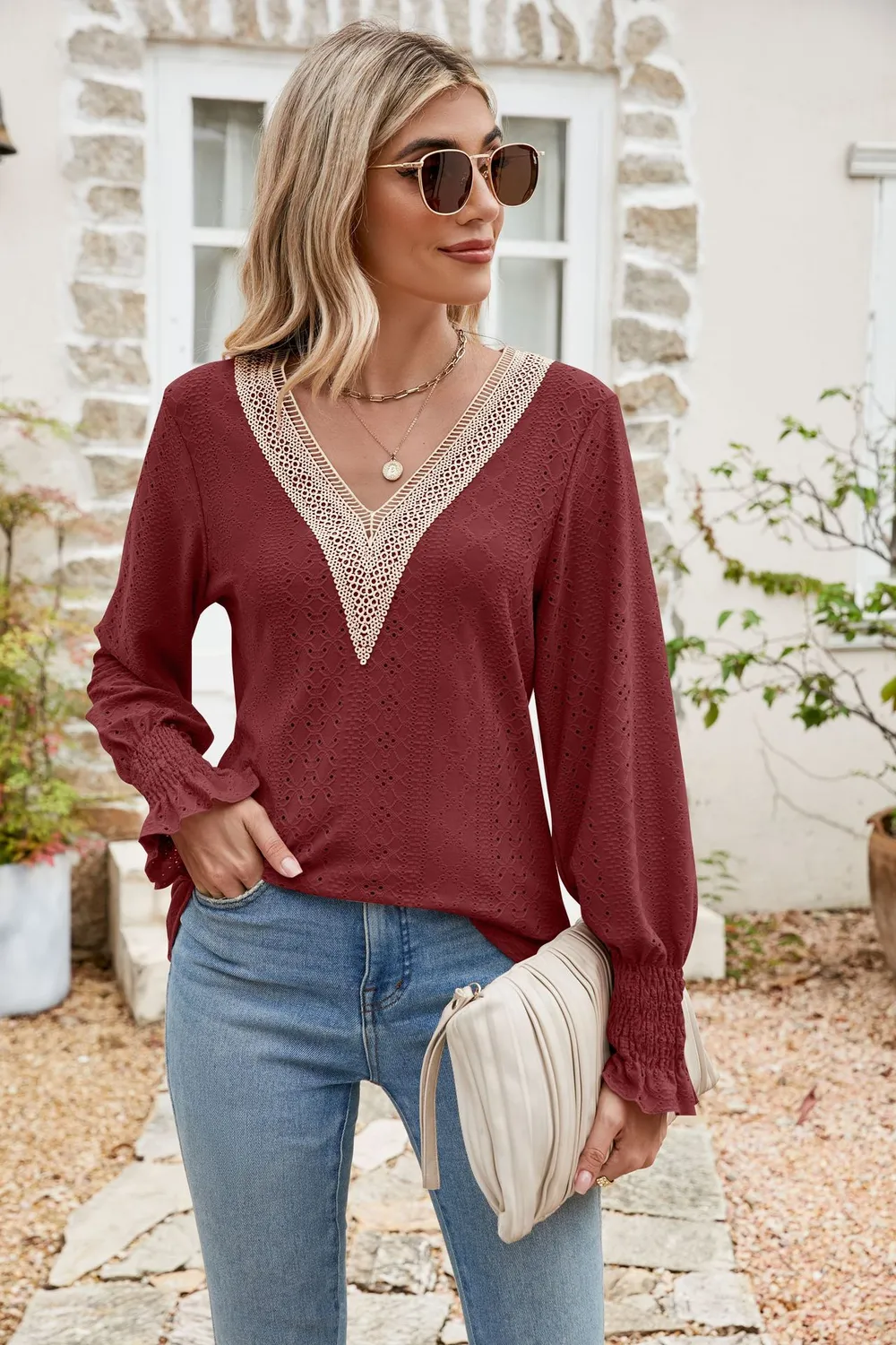 Eyelet V-Neck Smocked Flounce Sleeve Blouse, image 10