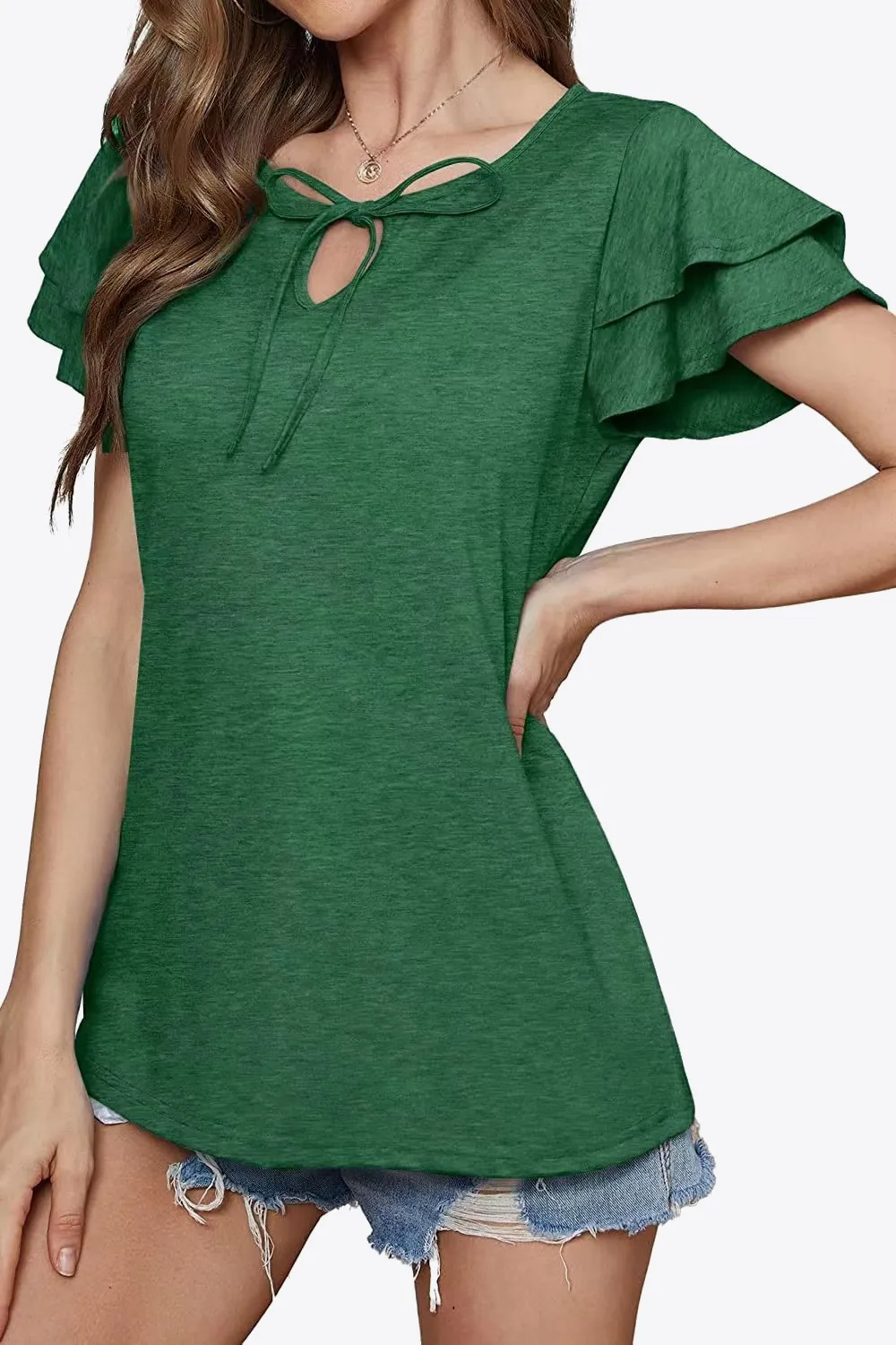Tie-Neck Layered Flutter Sleeve Blouse, image 23