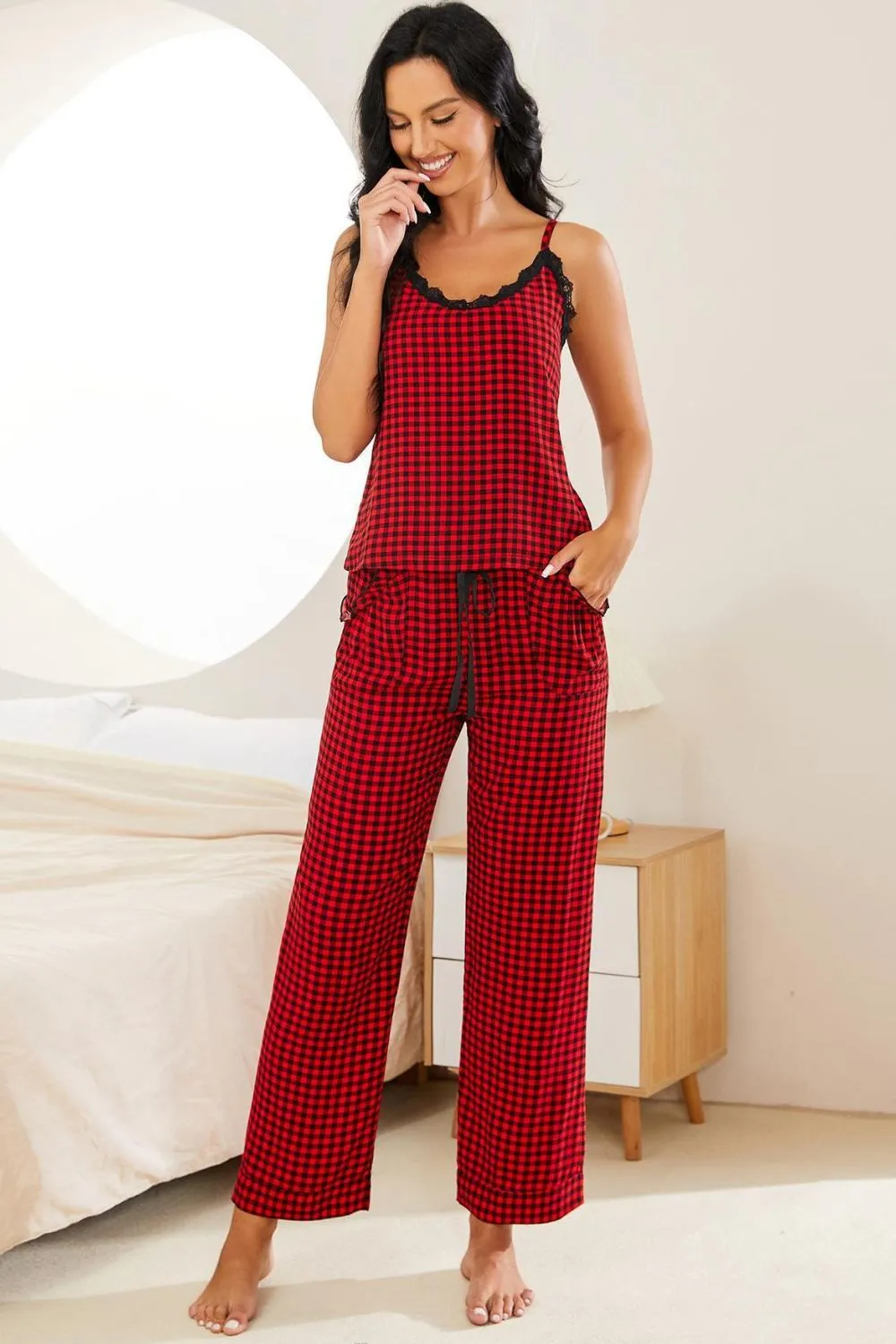 Plaid Lace Trim Cami and Drawstring Pants Pajama Set, image 3