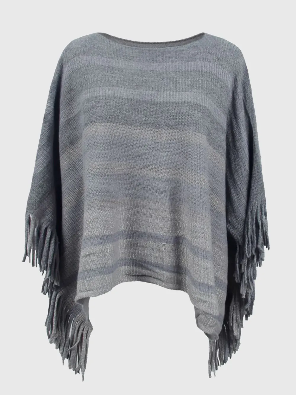 Striped Boat Neck Poncho with Fringes, image 7