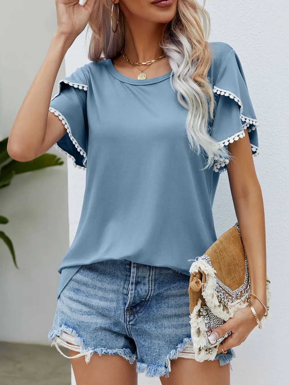 Pom-Pom Trim Flutter Sleeve Round Neck Tee, image 22
