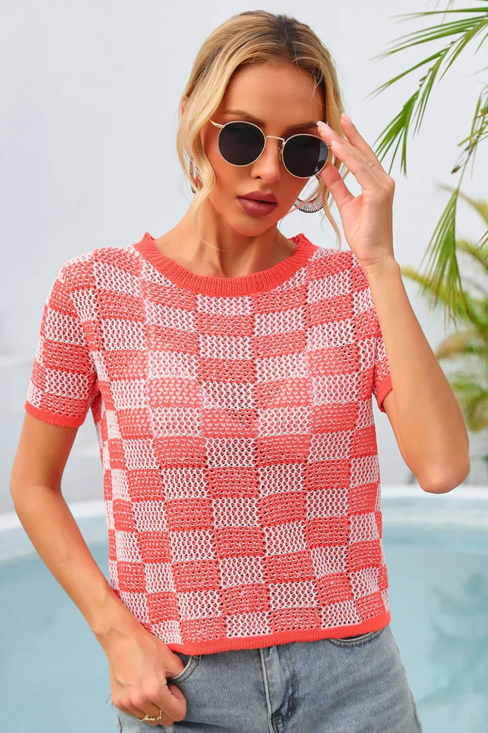 Checkered Short Sleeve Knit Top, image 4