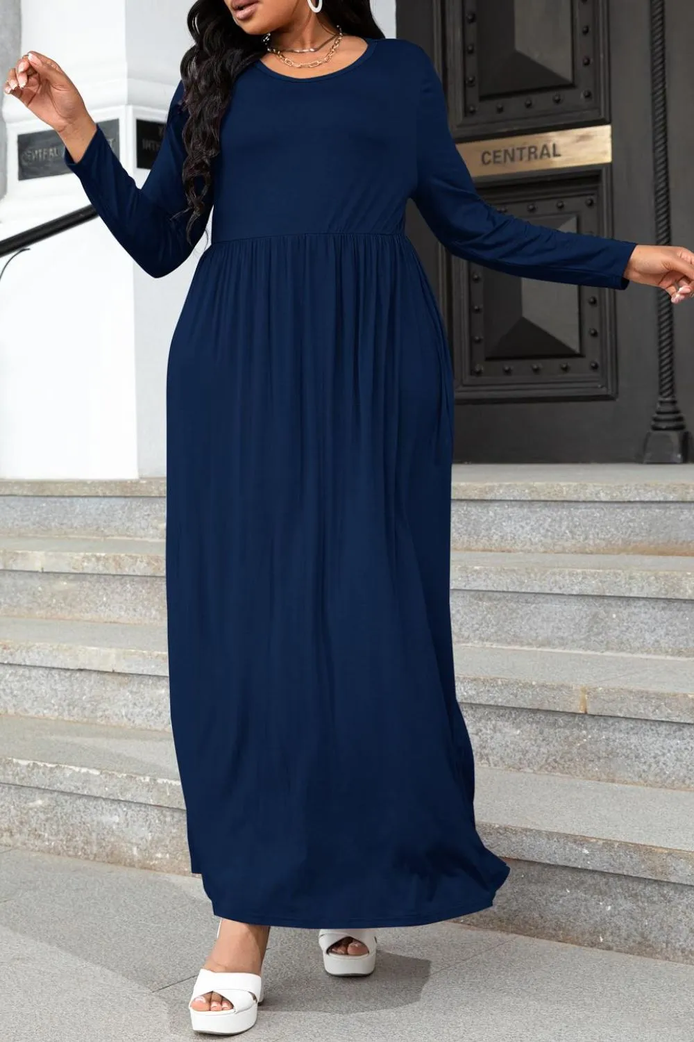 Plus Size Round Neck Long Sleeve Maxi Dress with Pockets, image 2