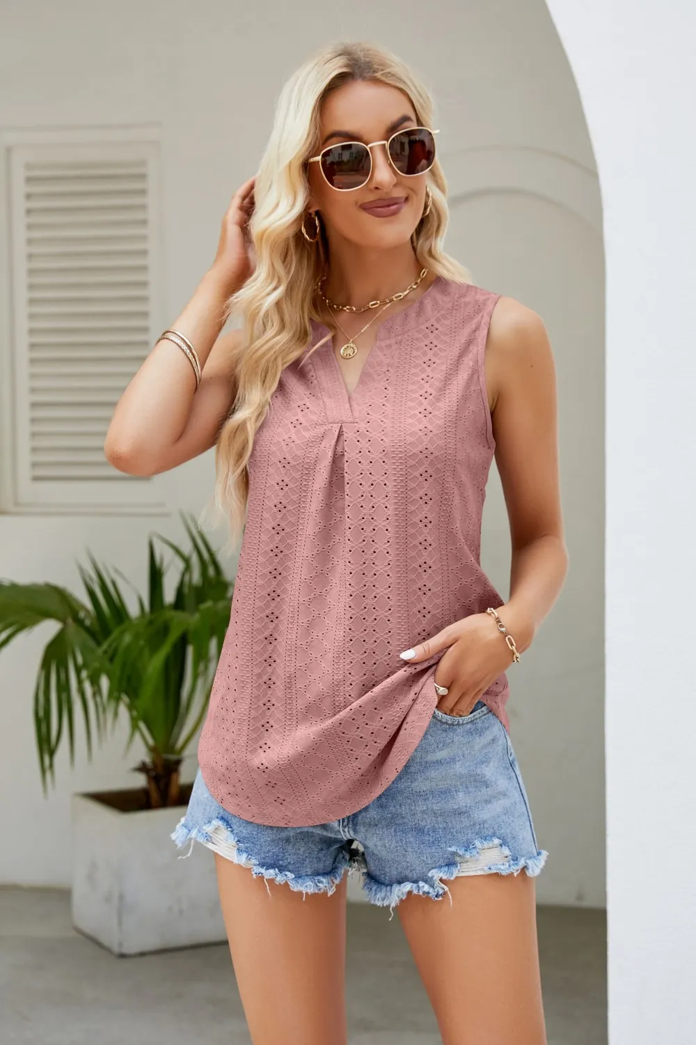 Notched Neck Curved Hem Eyelet Tank, image 8