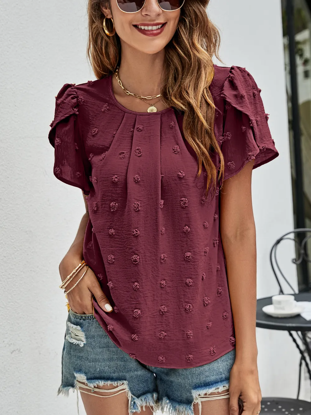 Swiss Dot Round Neck Petal Sleeve Top, image 28