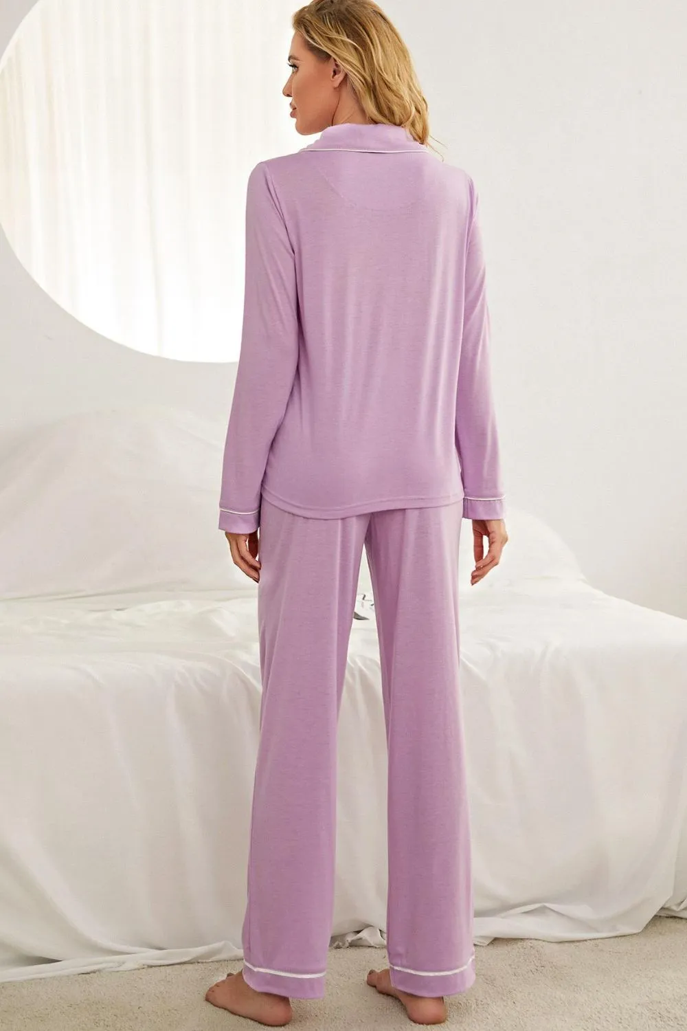 Contrast Piping Button Down Top and Pants Loungewear Set, image 3