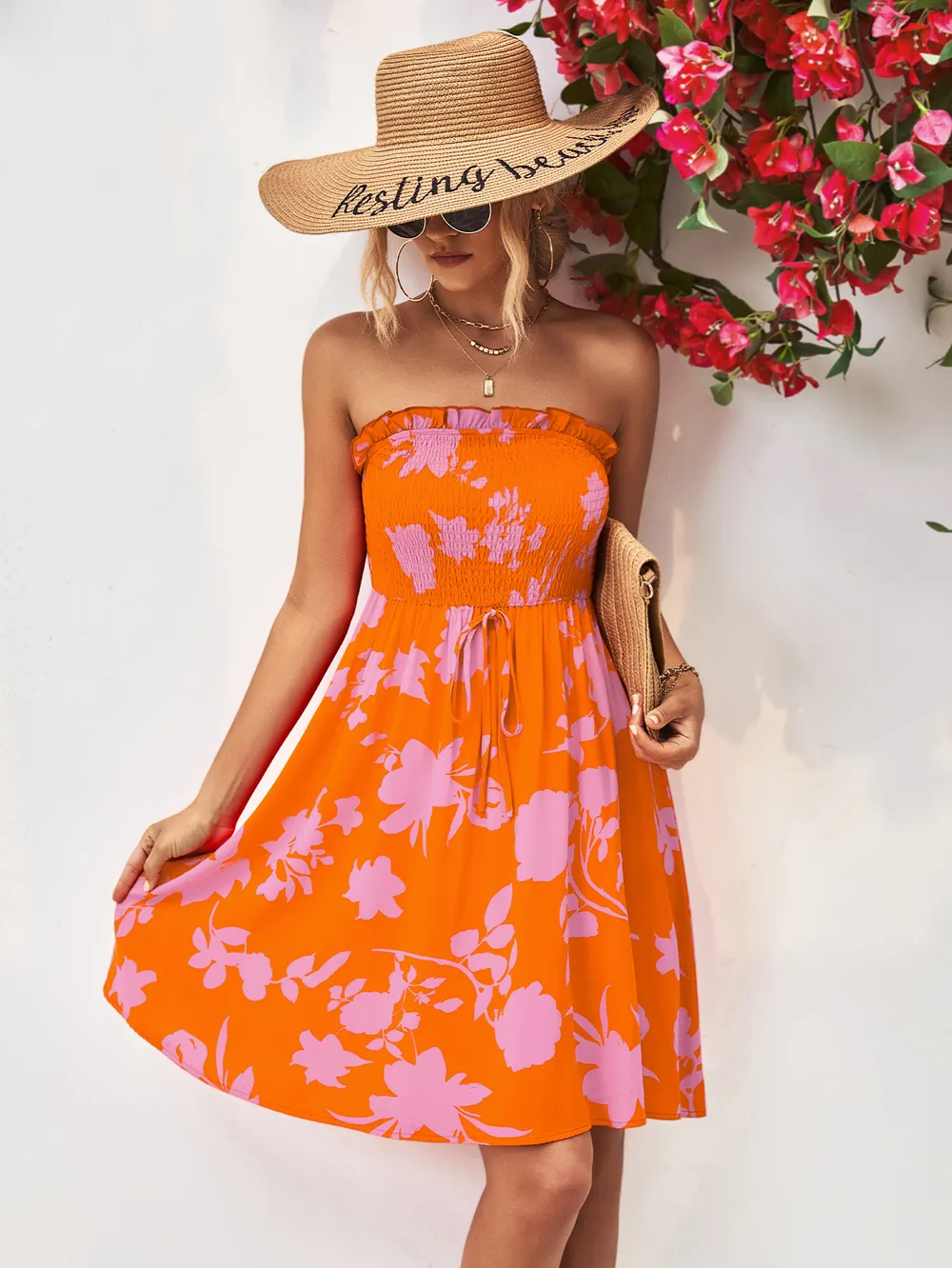 Floral Frill Trim Strapless Smocked Dress, image 11