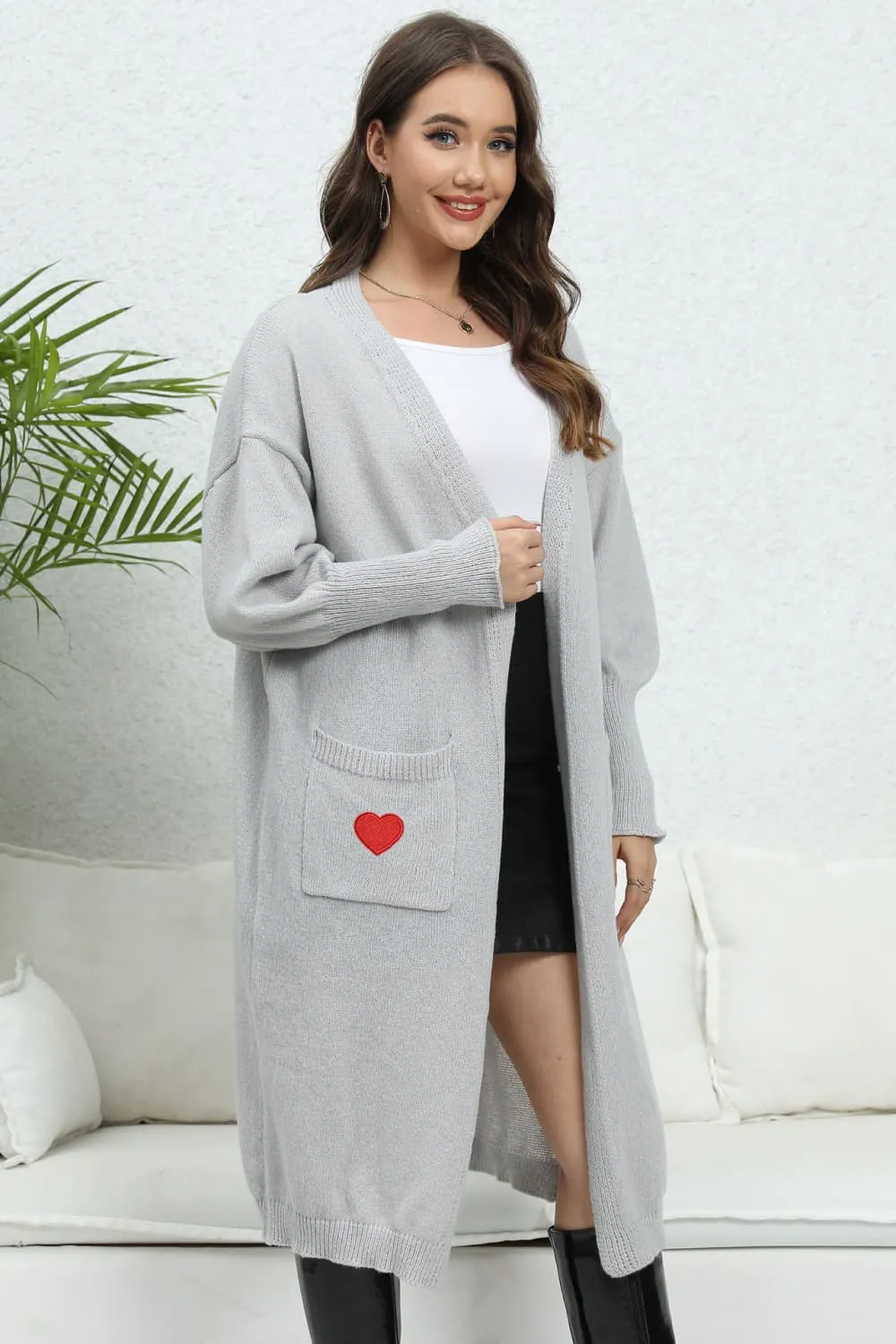 Lantern Sleeve Open Front Pocketed Cardigan, image 3