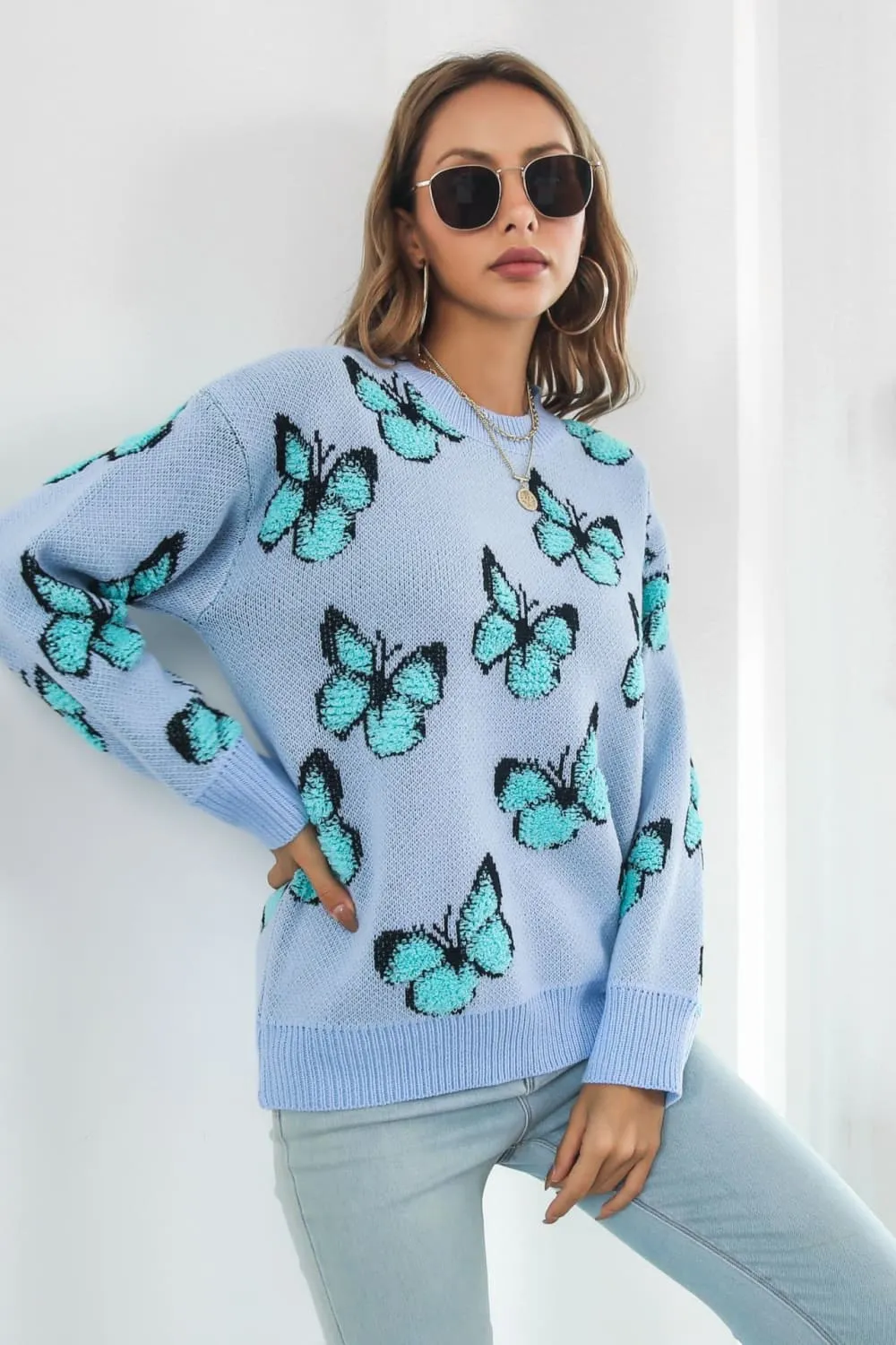 Butterfly Pattern Round Neck Dropped Shoulder Sweater, image 11