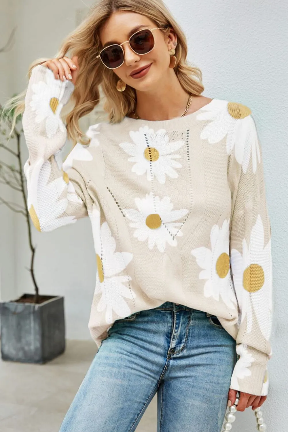 Daisy Print Openwork Round Neck Sweater, image 6