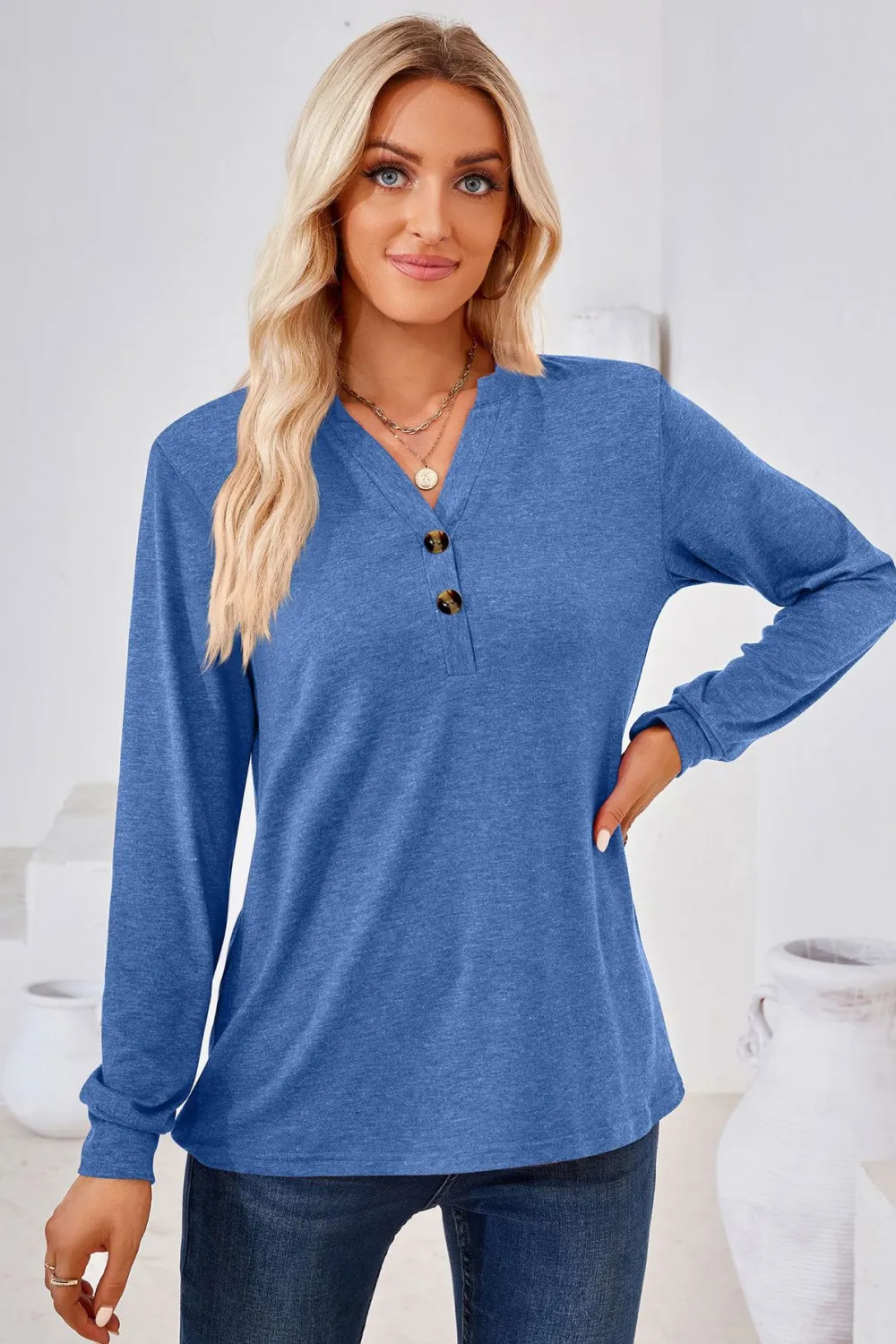 V-Neck Buttoned Long Sleeve Blouse, image 13