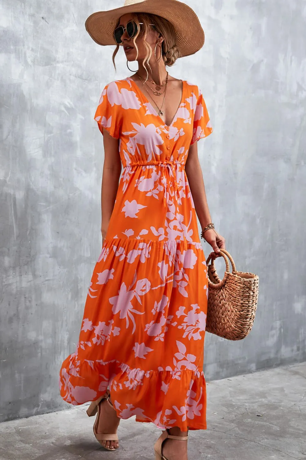 Floral Buttoned Drawstring Waist Tiered Dress, image 17