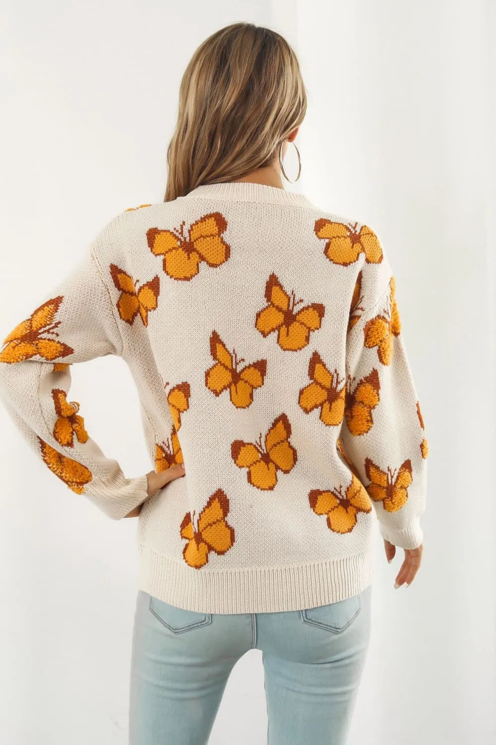 Butterfly Pattern Round Neck Dropped Shoulder Sweater, image 12