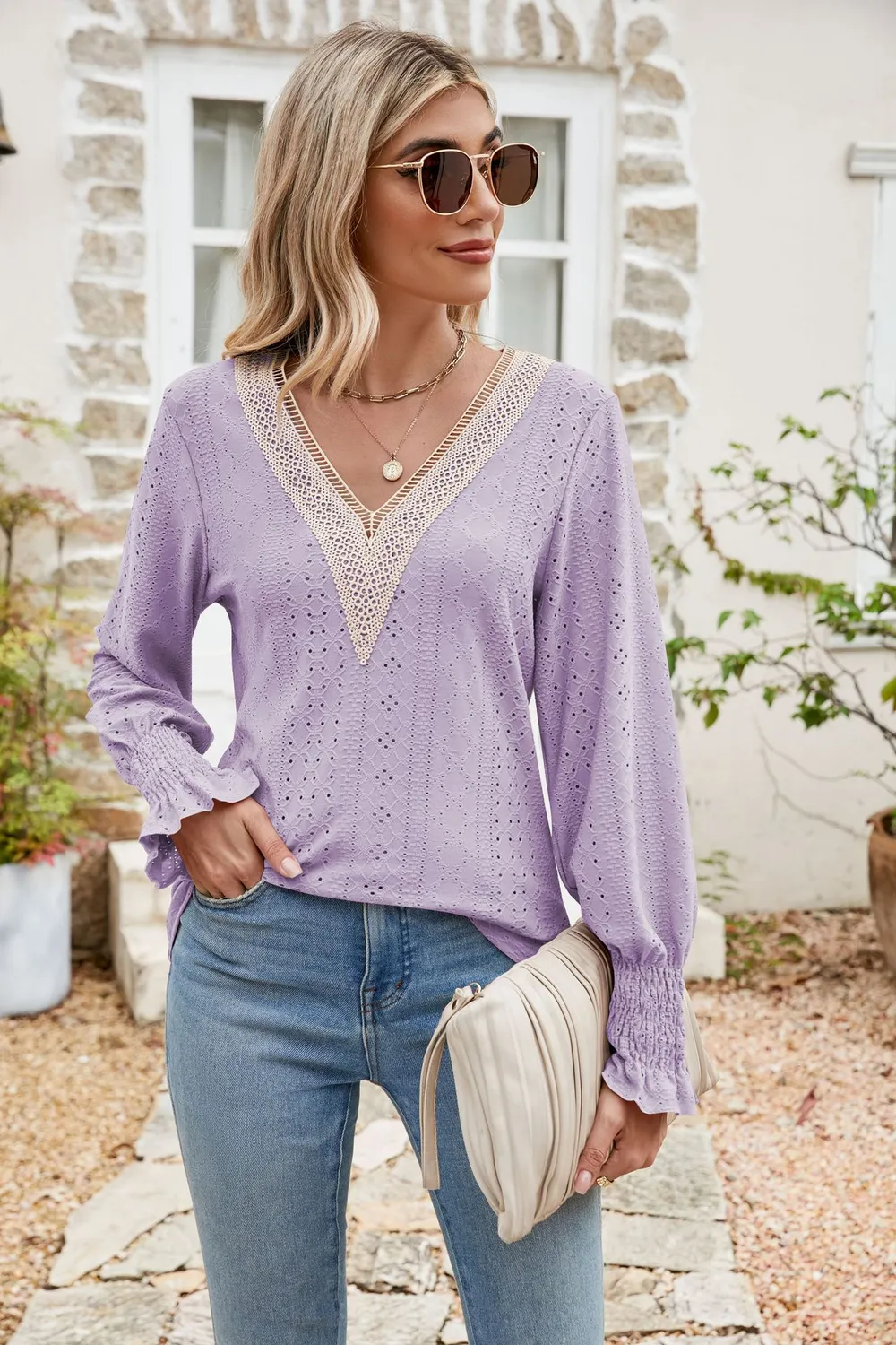 Eyelet V-Neck Smocked Flounce Sleeve Blouse, image 6