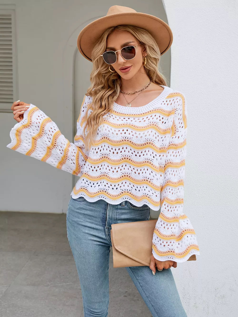 Round Neck Openwork Flare Sleeve Knit Top, image 16
