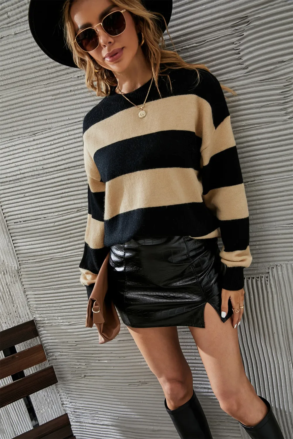 Two-Tone Round Neck Dropped Shoulder Sweater, image 4