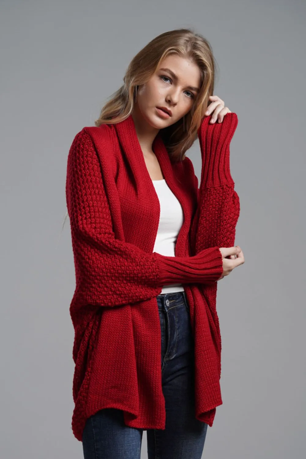 Dolman Sleeve Open Front Ribbed Trim Longline Cardigan, image 13