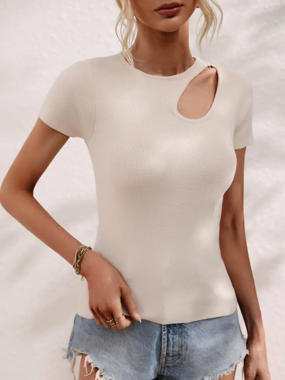 Cutout Round Neck Short Sleeve Knit Top, image 5