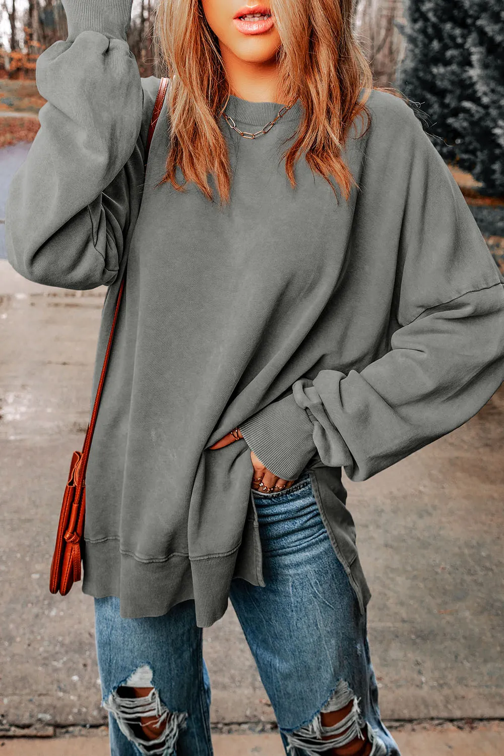 Dropped Shoulder Round Neck Long Sleeve Blouse, image 14