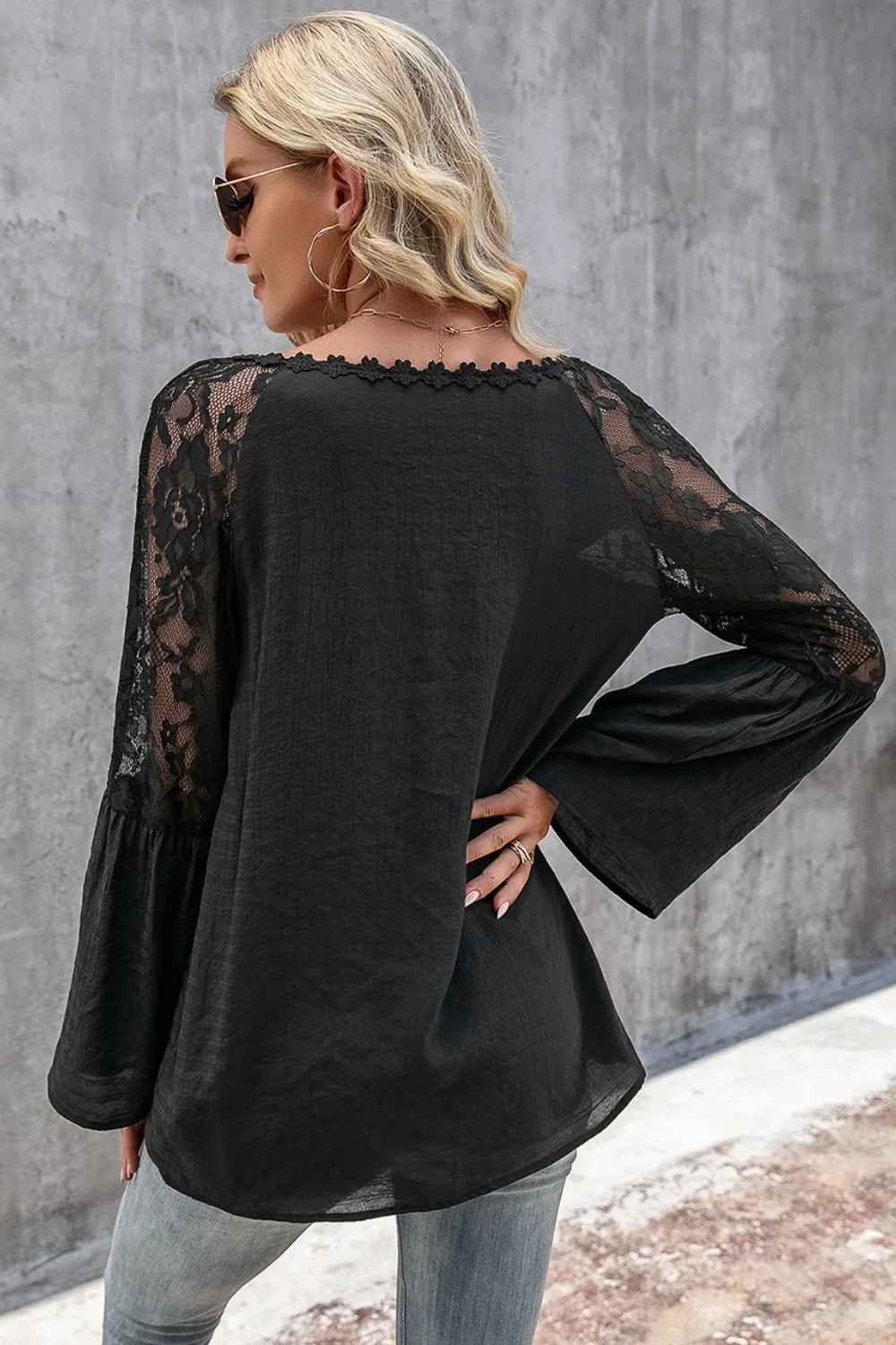 V-Neck Spliced Lace Flare Sleeve Top, image 3