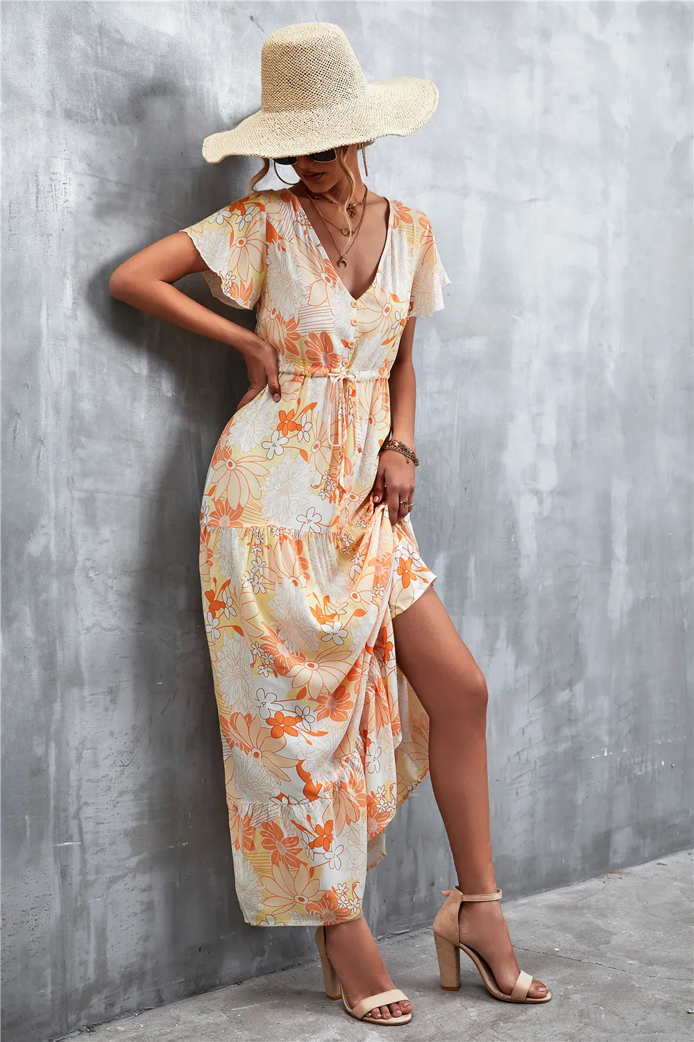 Floral Buttoned Drawstring Waist Tiered Dress, image 18