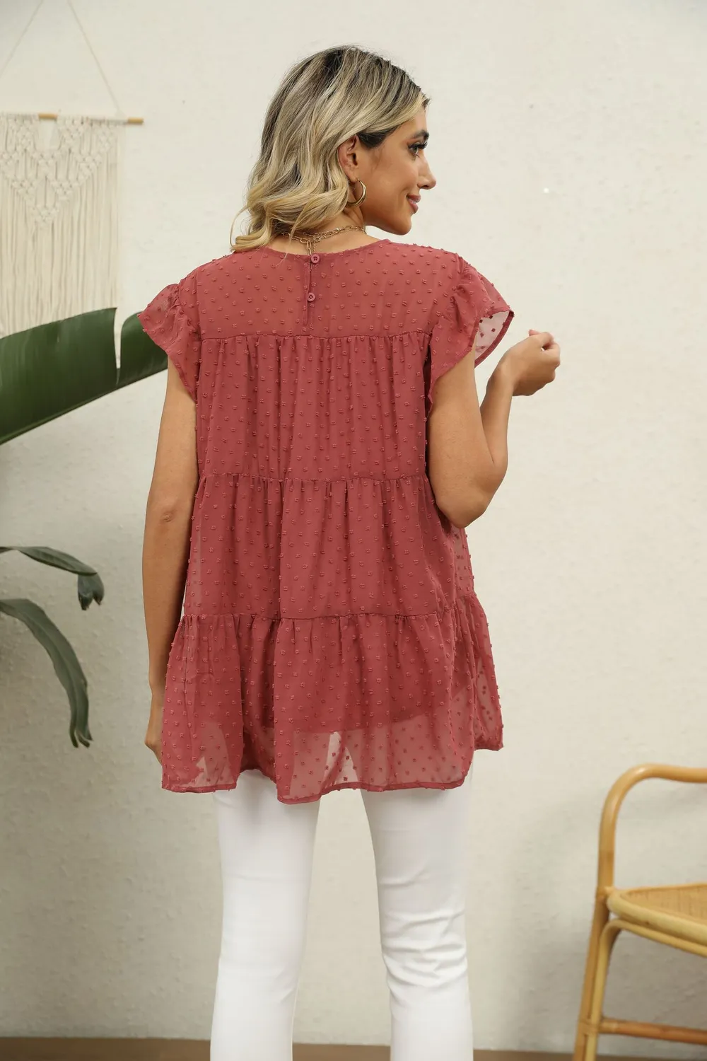 Swiss Dot Round Neck Tiered Blouse, image 7
