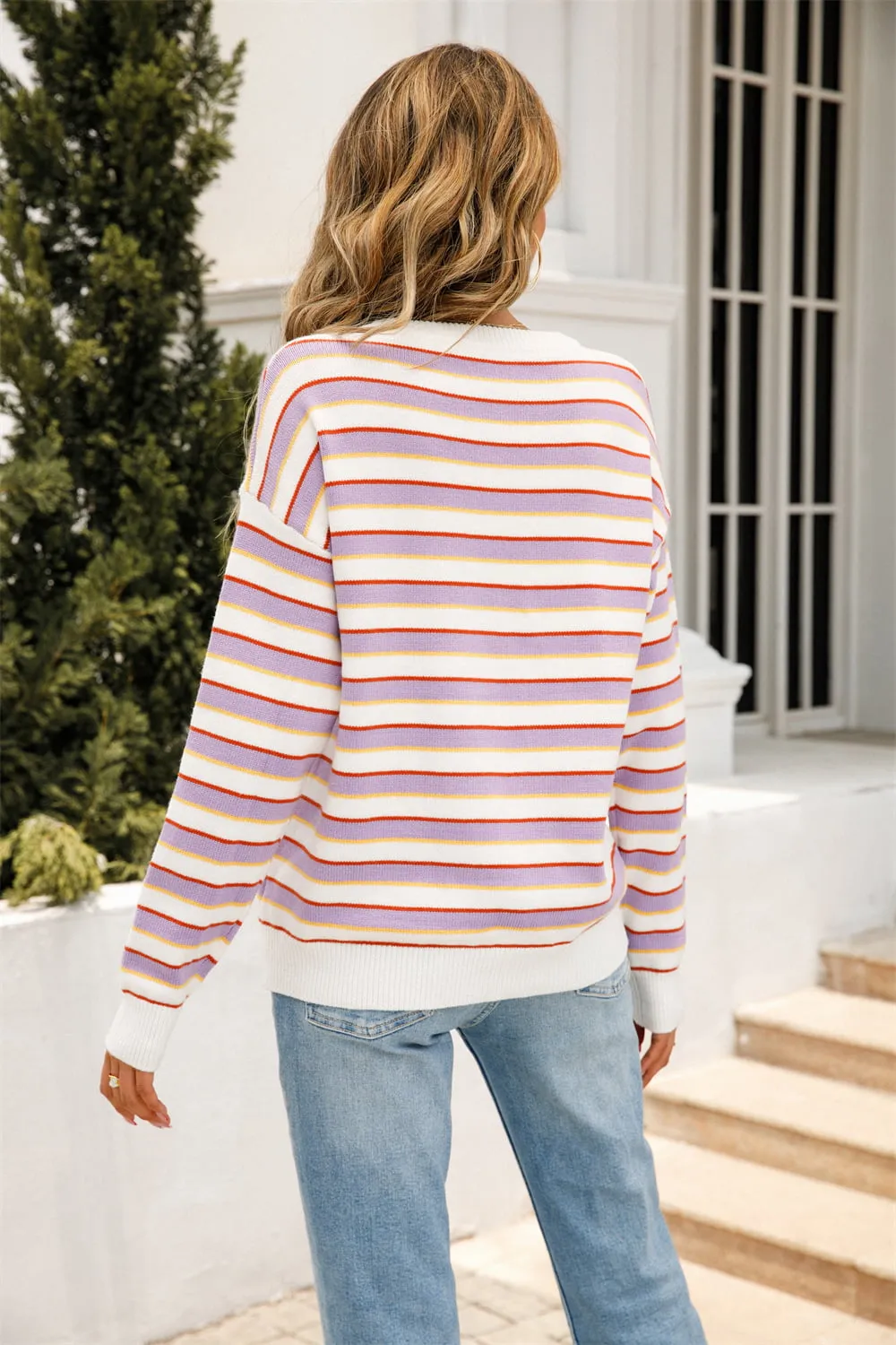 Striped Round Neck Dropped Shoulder Knit Top, image 2